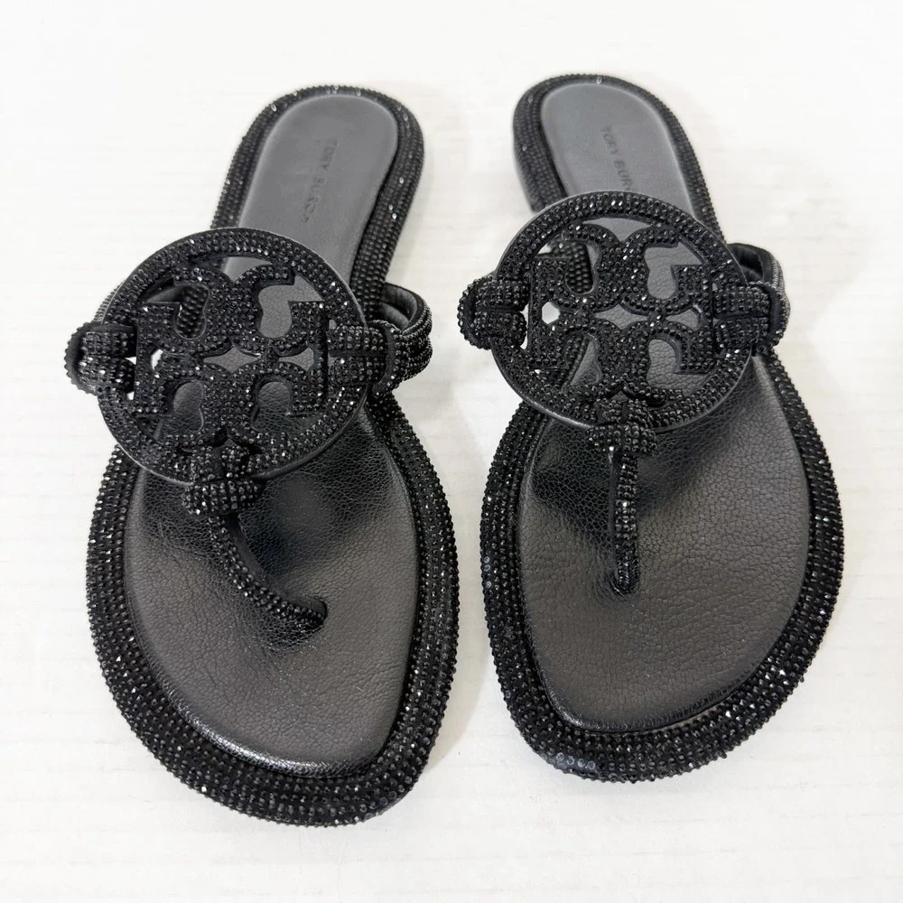 Tory Burch Womens Miller Knotted Pavé Perfect Black Flip Flop Sandal Size 7